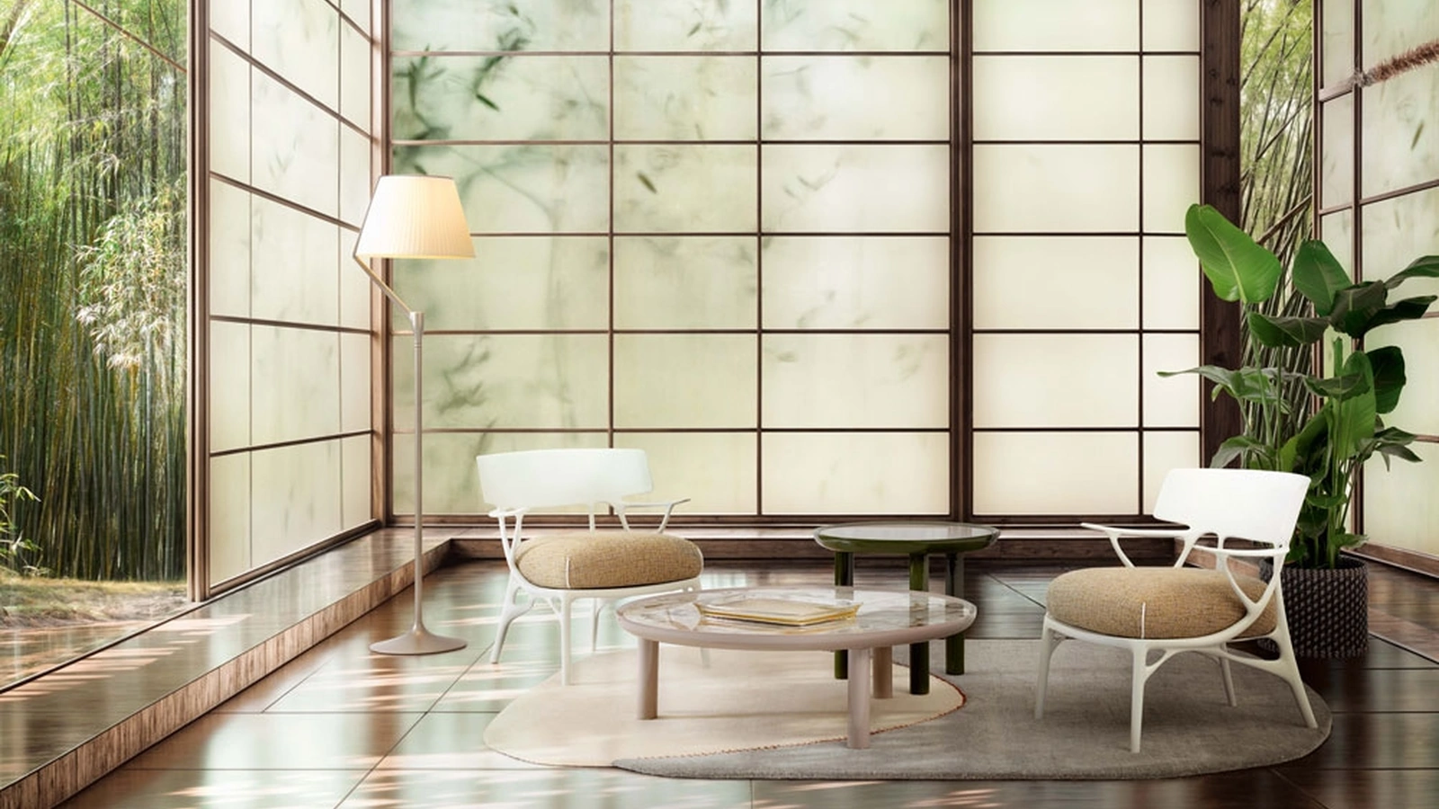 Lampada da terra Angelo Stone  in alluminio con diffusore rivestito in tessuto di Kartell