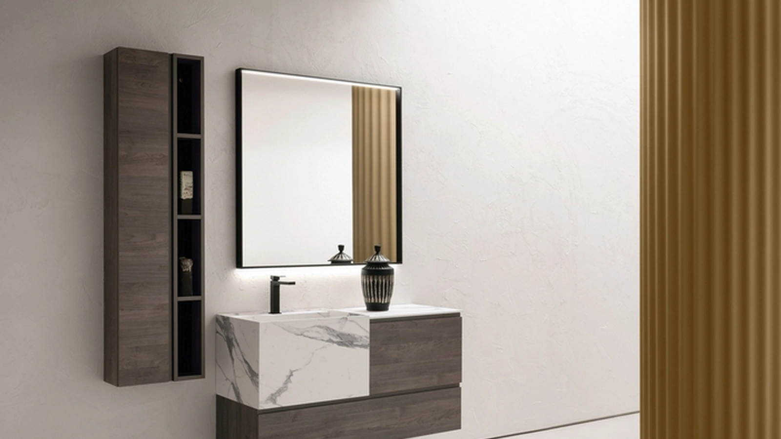 Mobile da Bagno sospeso in nobilitato effetto legno con vasca in HPL effetto marmo B-GO BG011 di Compab
