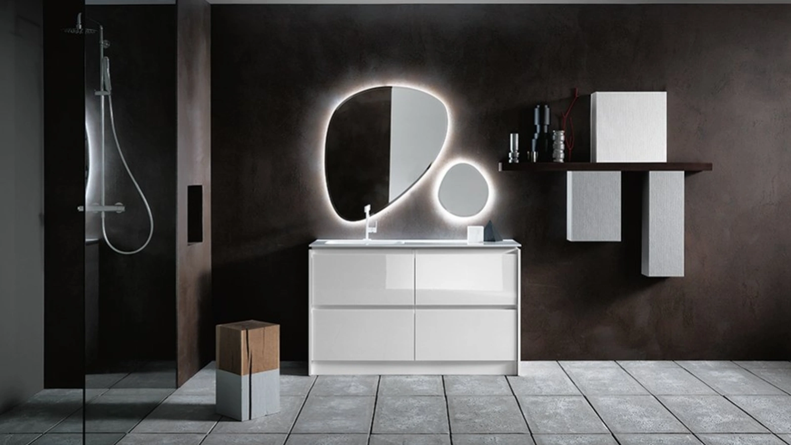 Mobile Bagno da appoggio in laccato bianco lucido e lavabo in Mineralguss INK NK09 di Compab