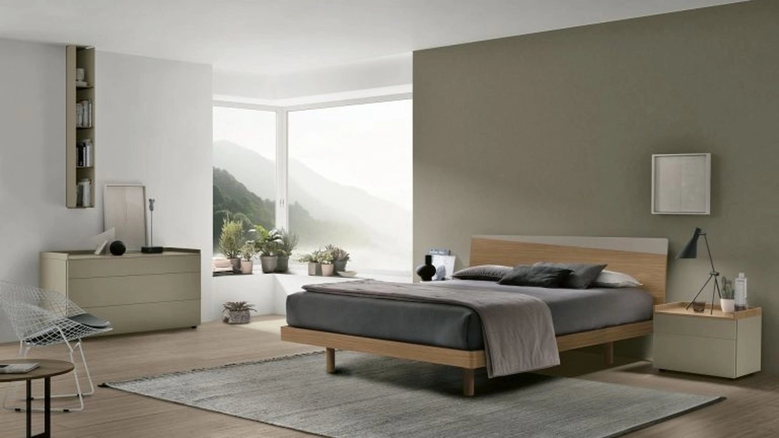 Letto con testiera Charlie in materico noce ambra e laccato opaco salina di Tomasella