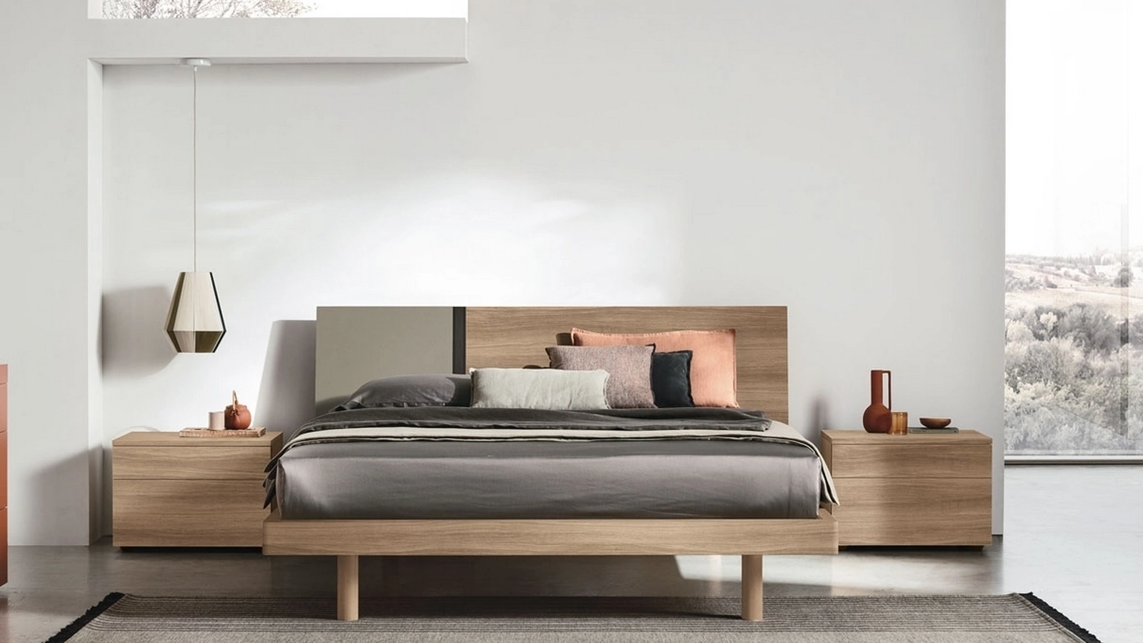 Letto con testiera Ken in materico noce ambra di Tomasella