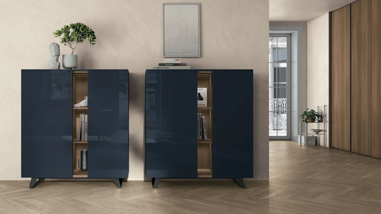 Madia verticale Lydia in laccato lucido blu di prussia di Tomasella