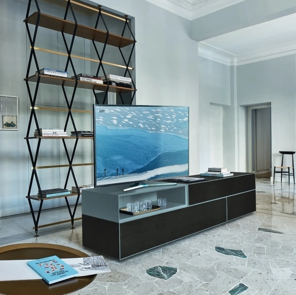 Mobile Porta Tv Domino Più 2L sx in Rovere carbone e laccato opaco Pervinca di Sangiacomo