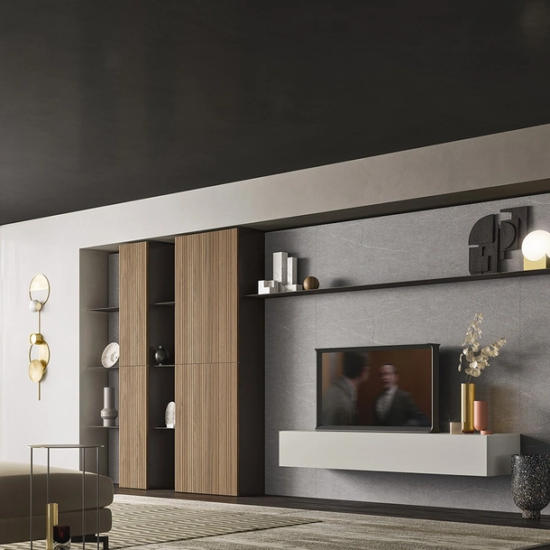 Parete Attrezzata Day Collection 08 in laccato opaco e finitura effetto legno di Alf Da Frè