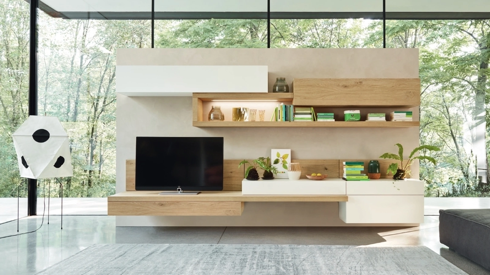 Parete Attrezzata Lampo L6C16 in legno chiaro e laccato opaco di Sangiacomo