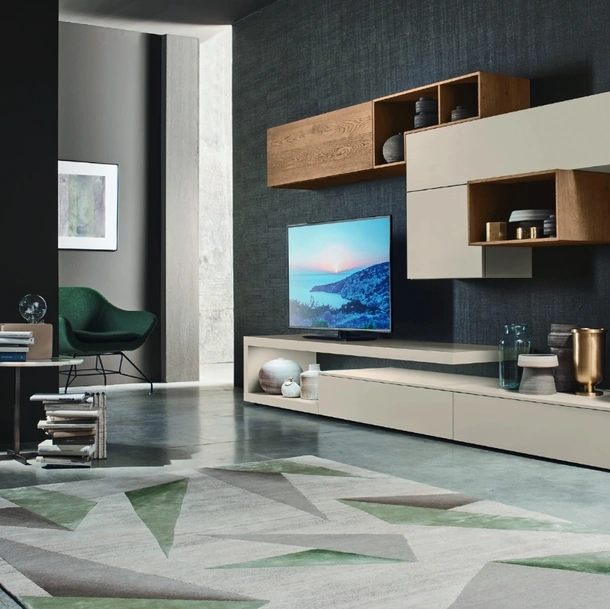 Parete Attrezzata Lampo L6C21 in laccato Canapa opaco e impiallacciato Rovere nodatodi Sangiacomo