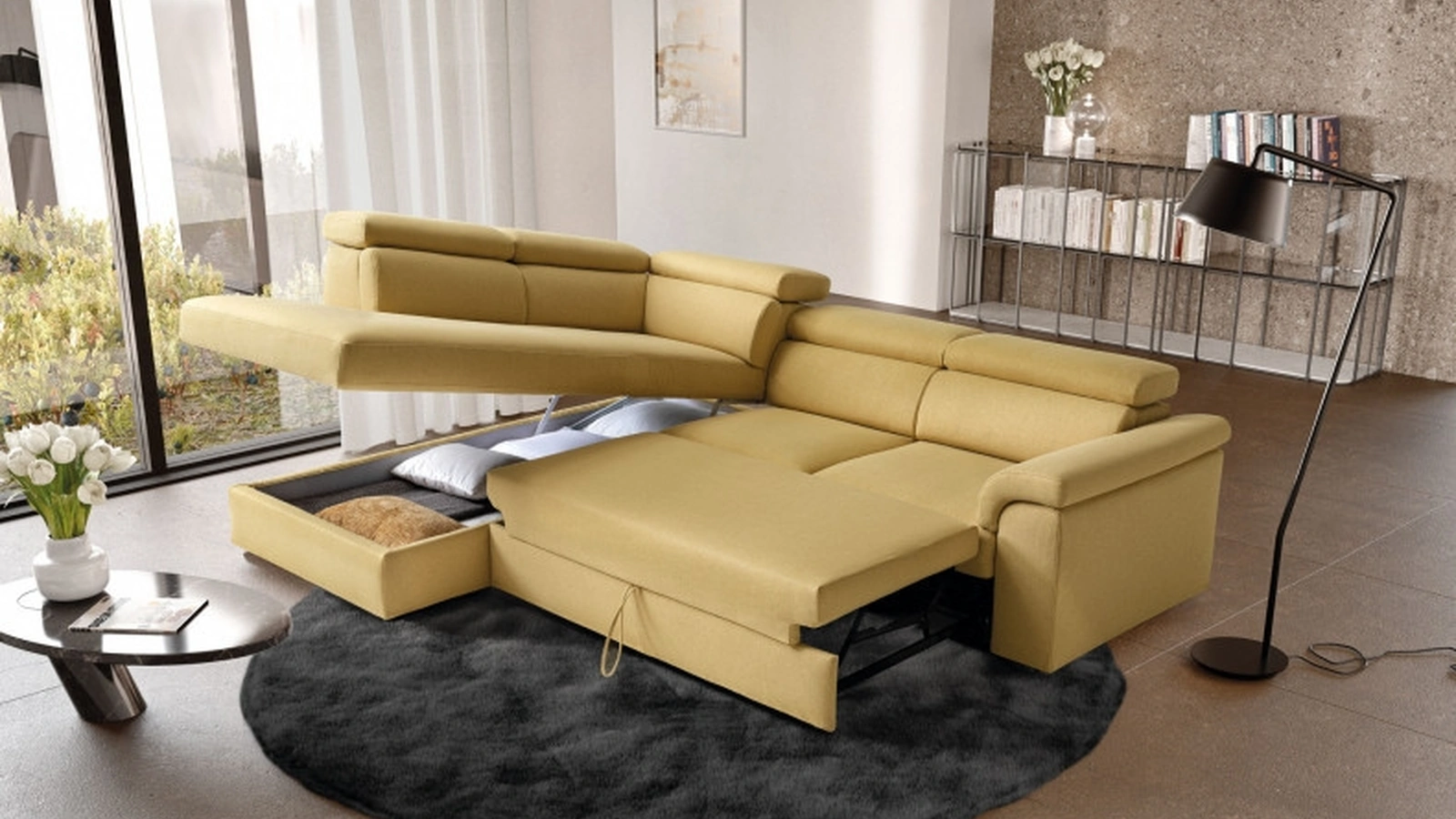 Divano angolare Alessandra trasformabile in letto matrimoniale con box contenitore di Le Comfort