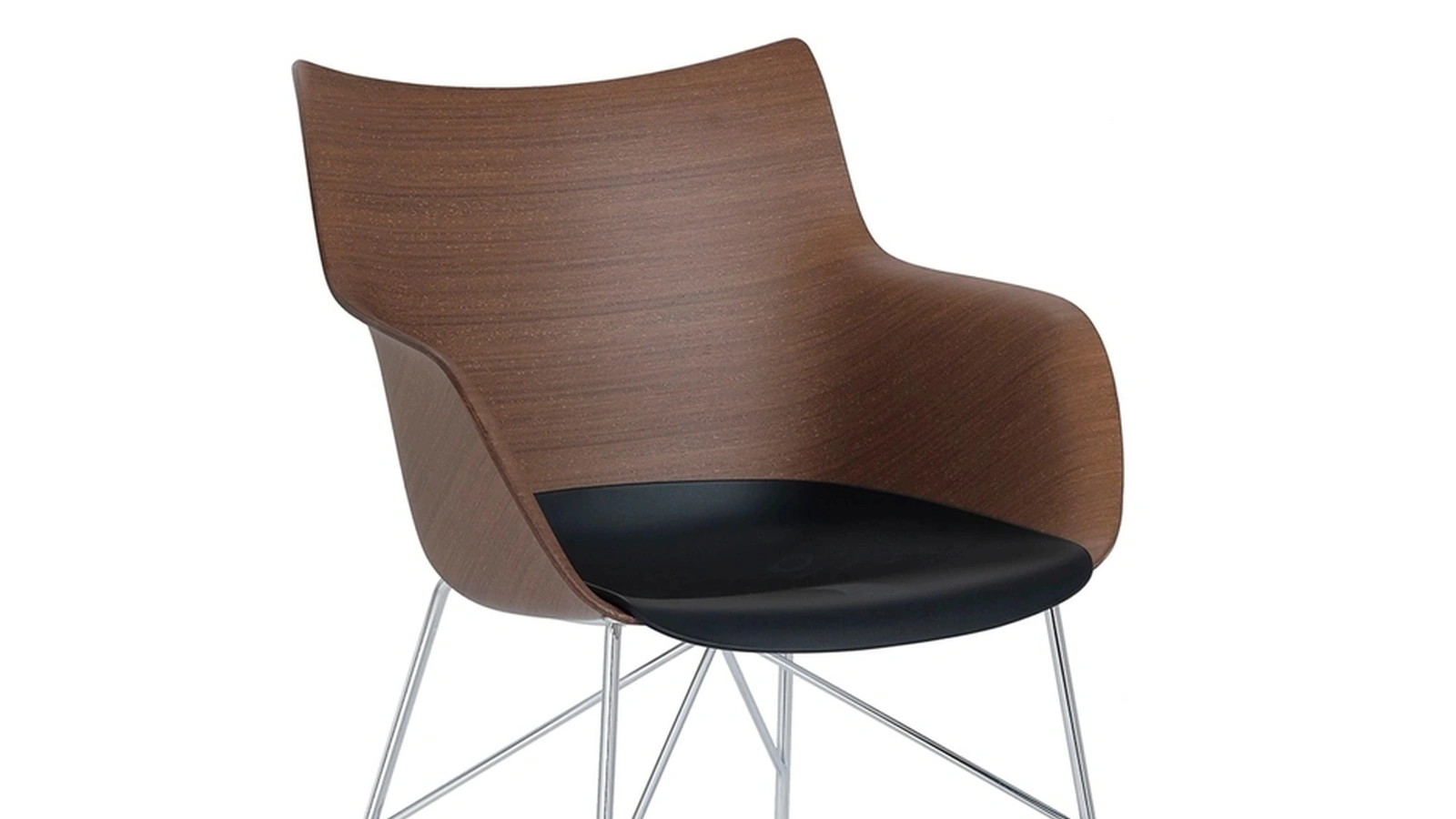 Sedia Q Wood con scocca in legno e base in acciaio cromato di Kartell