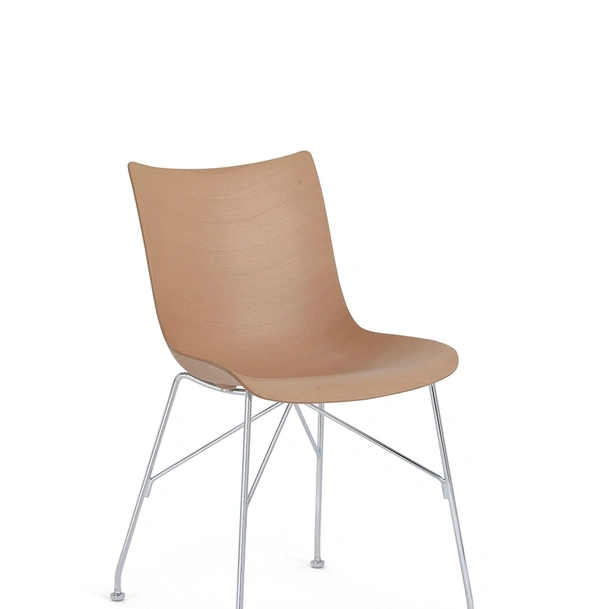 Sedia P Wood in legno chiaro con struttura cromata di Kartell