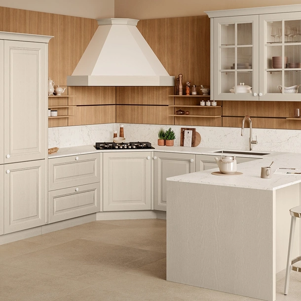 Cucina Classica con penisola Pavese 01 in Frassino laccato e Noce di Veneta Cucine