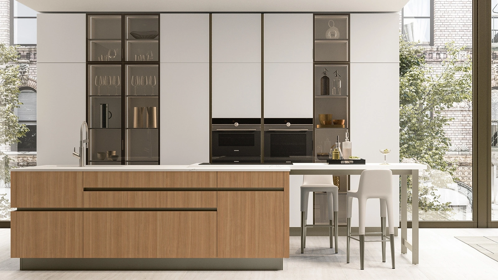 Cucina Moderna Iconica 10 in Canneté Noce Chiaro e Vetro Bianco Puro di Veneta Cucine