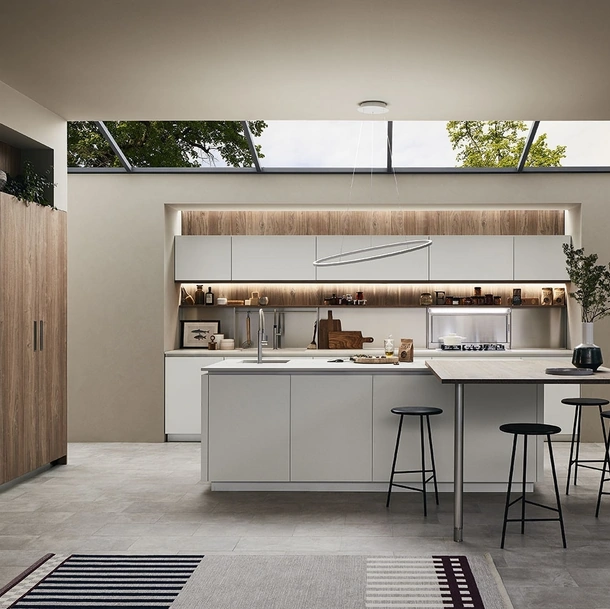 Cucina Moderna Lounge 11 con isola in laccato Bianco Puro e Noce Nodoso di Veneta Cucine