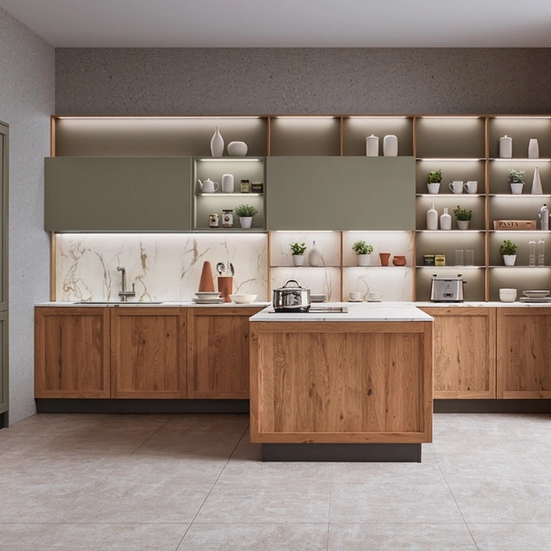 Cucina Moderna con penisola Milano 02 in Rovere e laccato Verde di Veneta Cucine