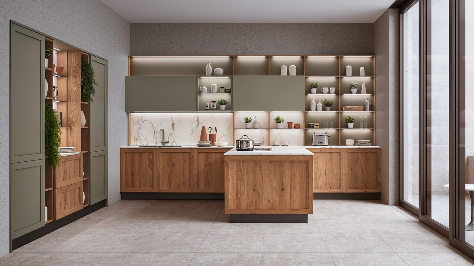 Cucina Moderna con penisola Milano 02 in Rovere e laccato Verde di Veneta Cucine