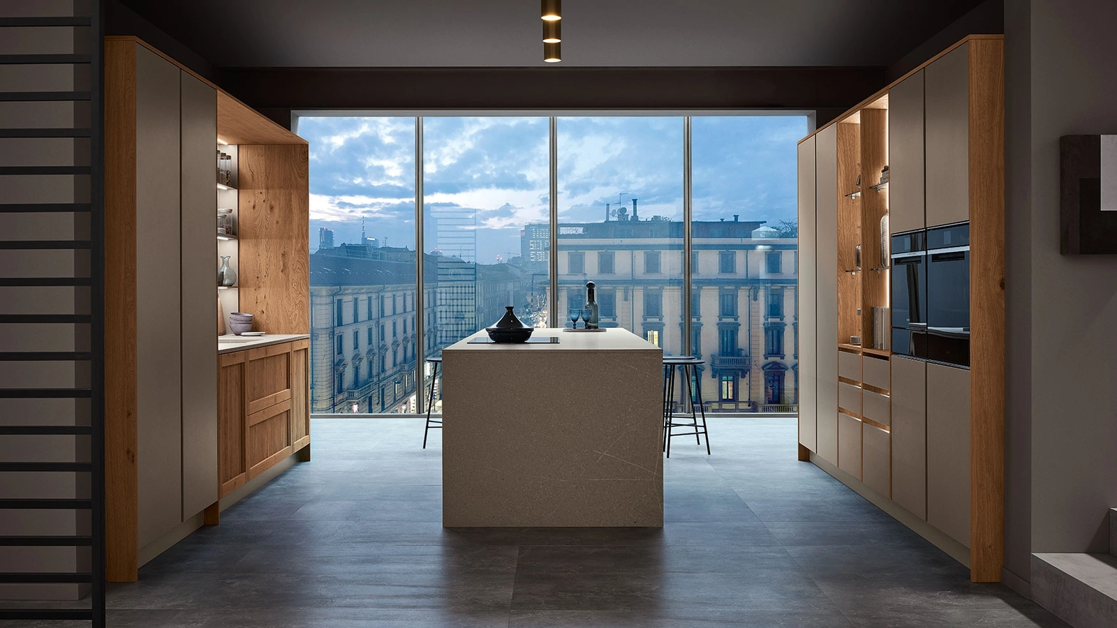 Cucina Moderna Milano 08 con isola in laccato Beige e Rovere Nodoso chiaro di Veneta Cucine