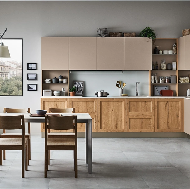 Cucina Moderna angolare Milano 09 in Rovere Nodoso chiaro e laccato Beige di Veneta Cucine