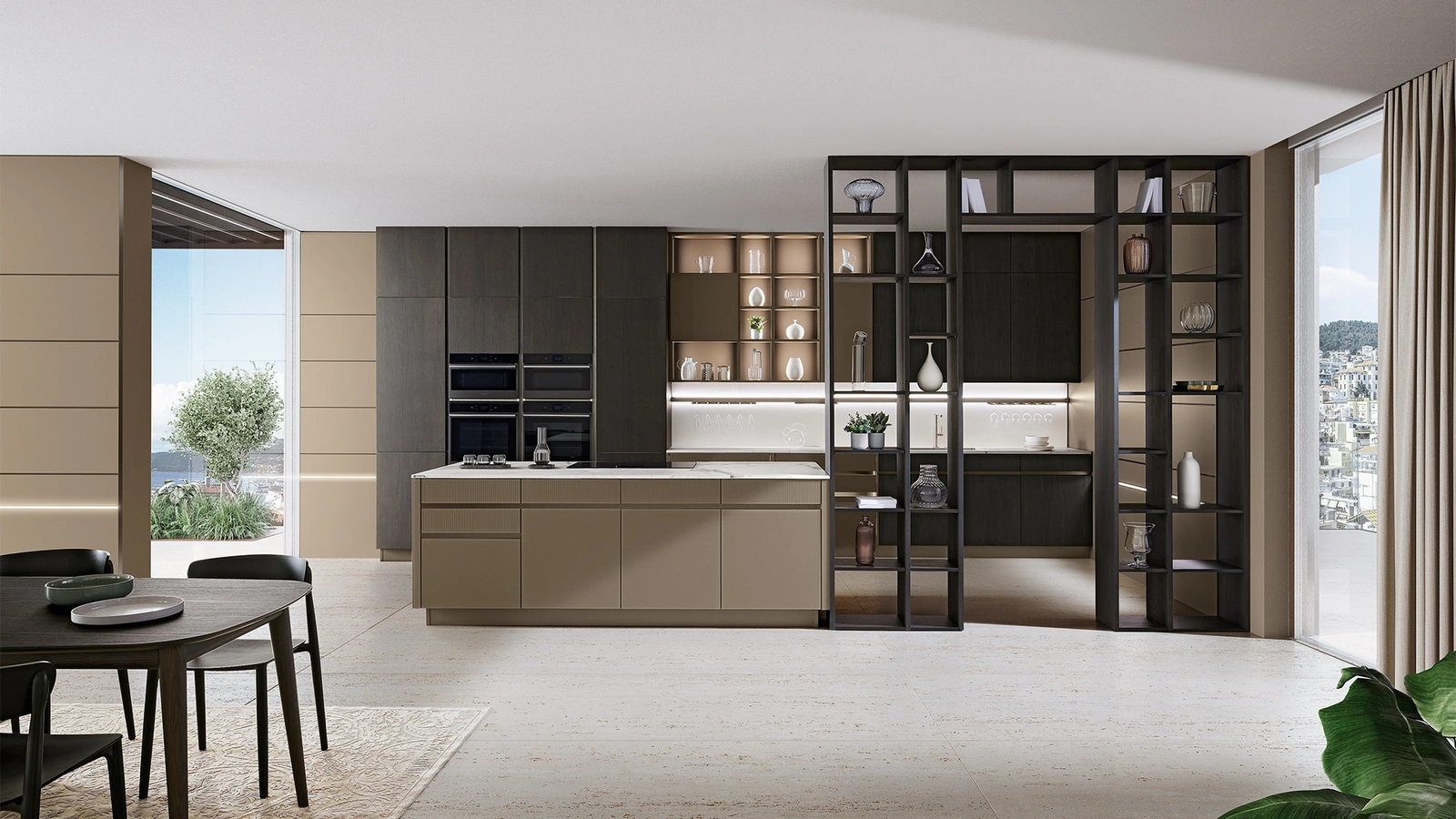 Cucina Moderna con isola Iconica 06 in Vetro Cappuccino liscio e cannettato, basi colonne e pensili in Frassino scuro di Veneta Cucine