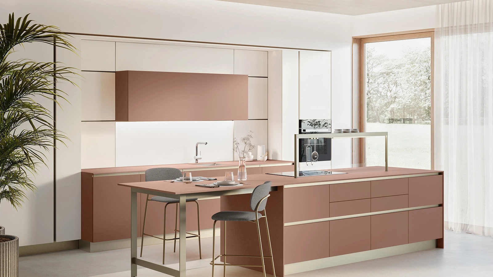 Cucina Moderna con isola Oyster 03 in laccato Rosso Etrusco e Beige Grain Dek di Veneta Cucine