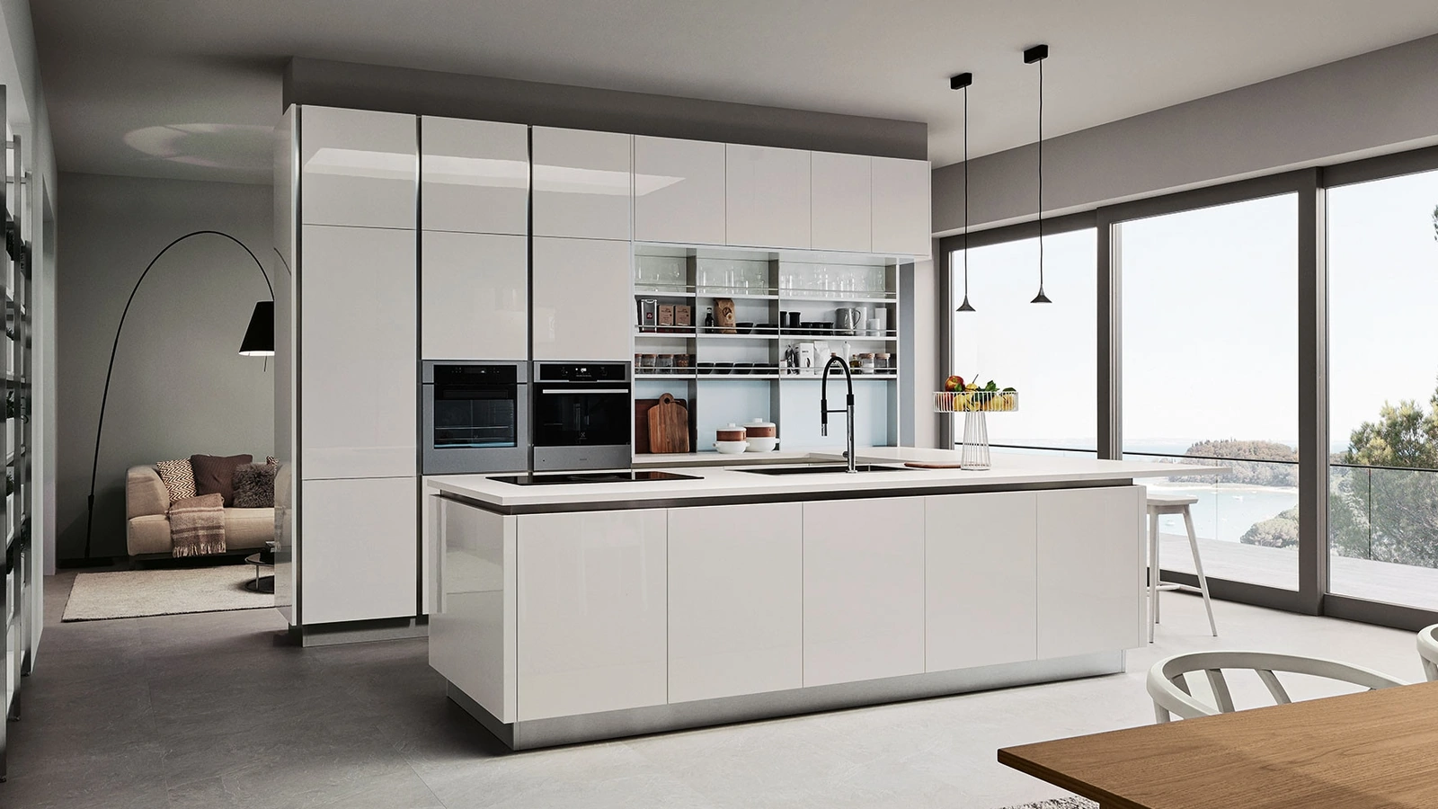 Cucina Moderna con penisola Oyster 07 in laccato lucido di Veneta Cucine