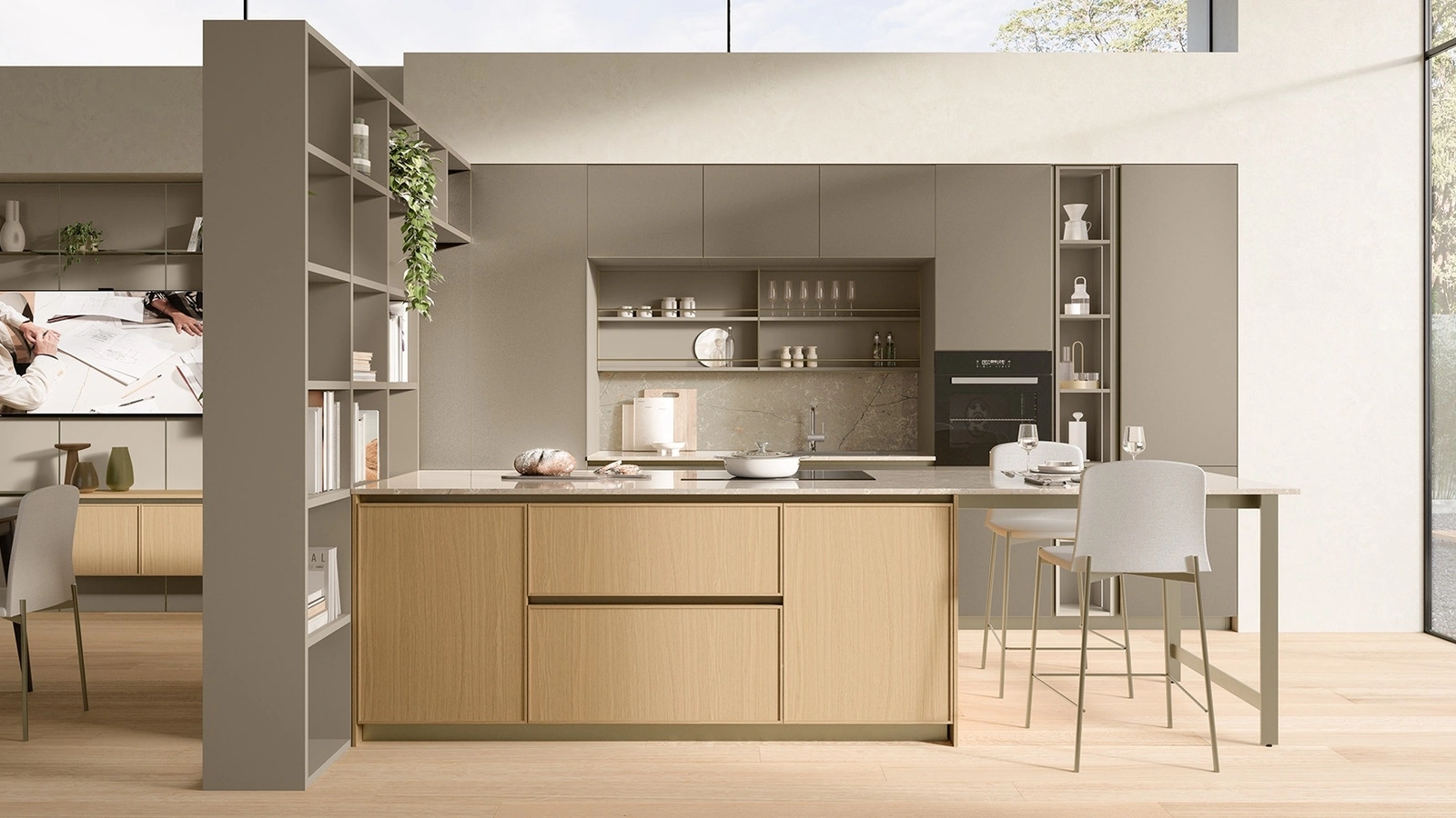 Cucina Moderna con penisola Sakura 06 in vetro opaco Alabastro e Rovere Ikebana di Veneta Cucine