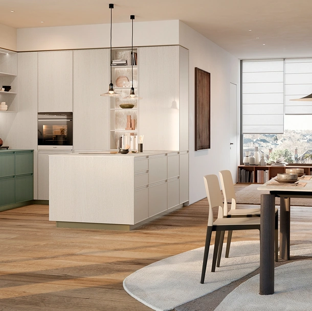 Cucina Moderna con penisola Sakura 07 in Frassino laccato opaco Verde e Frassino laccato Crema di Veneta Cucine