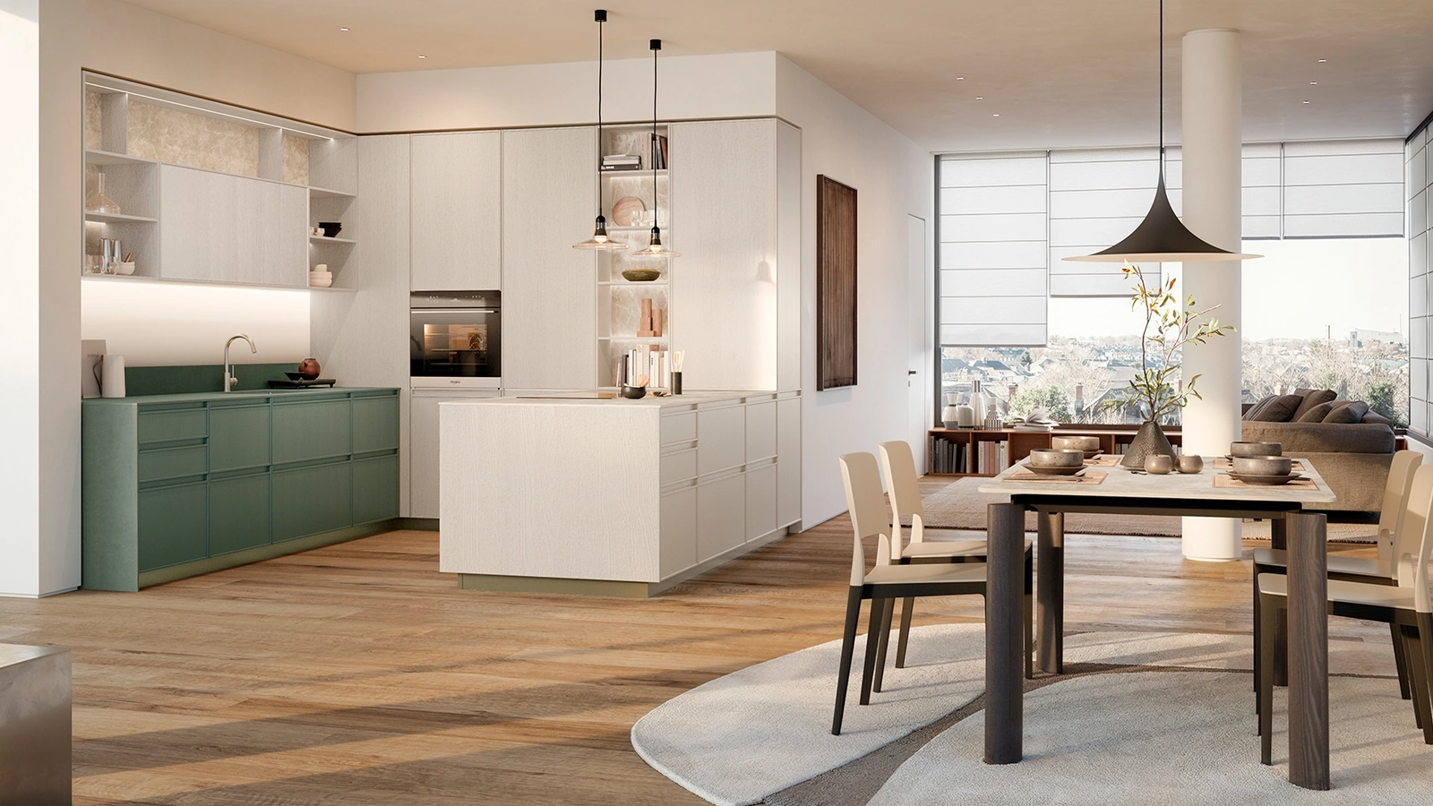 Cucina Moderna con penisola Sakura 07 in Frassino laccato opaco Verde e Frassino laccato Crema di Veneta Cucine