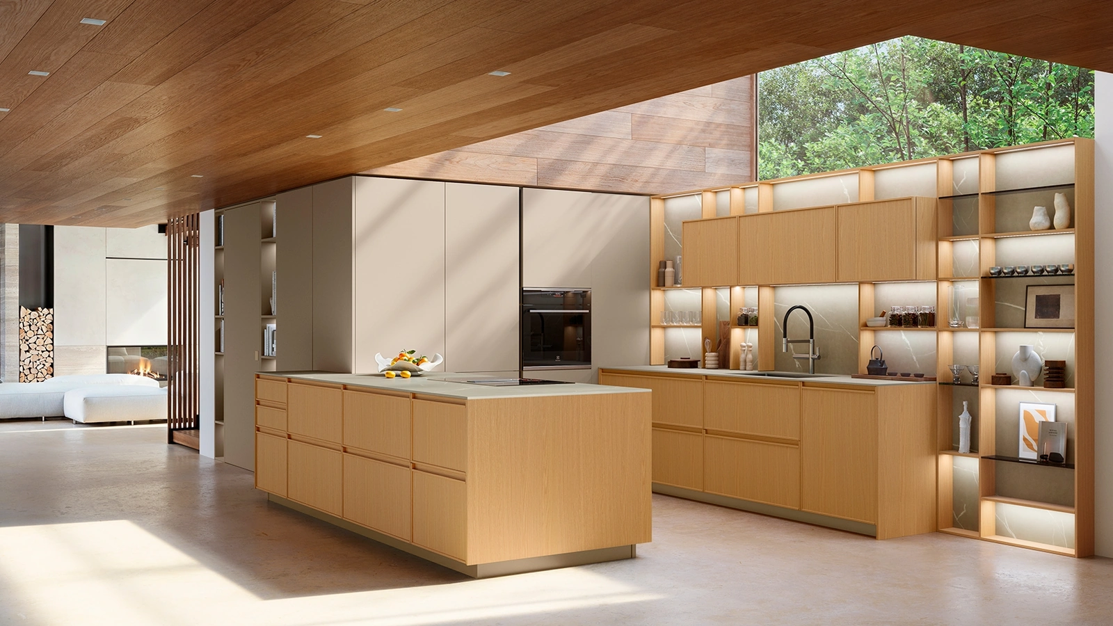 Cucina Moderna con penisola Sakura 08 in Rovere Ikebana e laccato Alabastro di Veneta Cucine