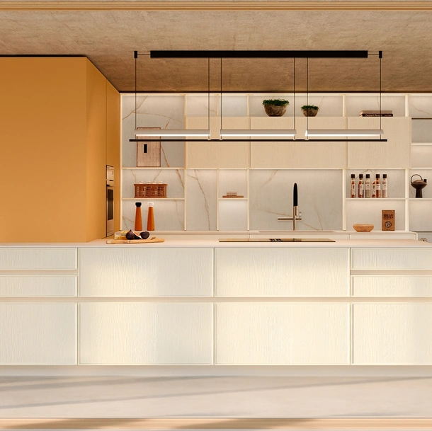 Cucina Moderna con penisola Sakura 11 in Frassino laccato Bianco e laccato opaco Pesca di Veneta Cucine