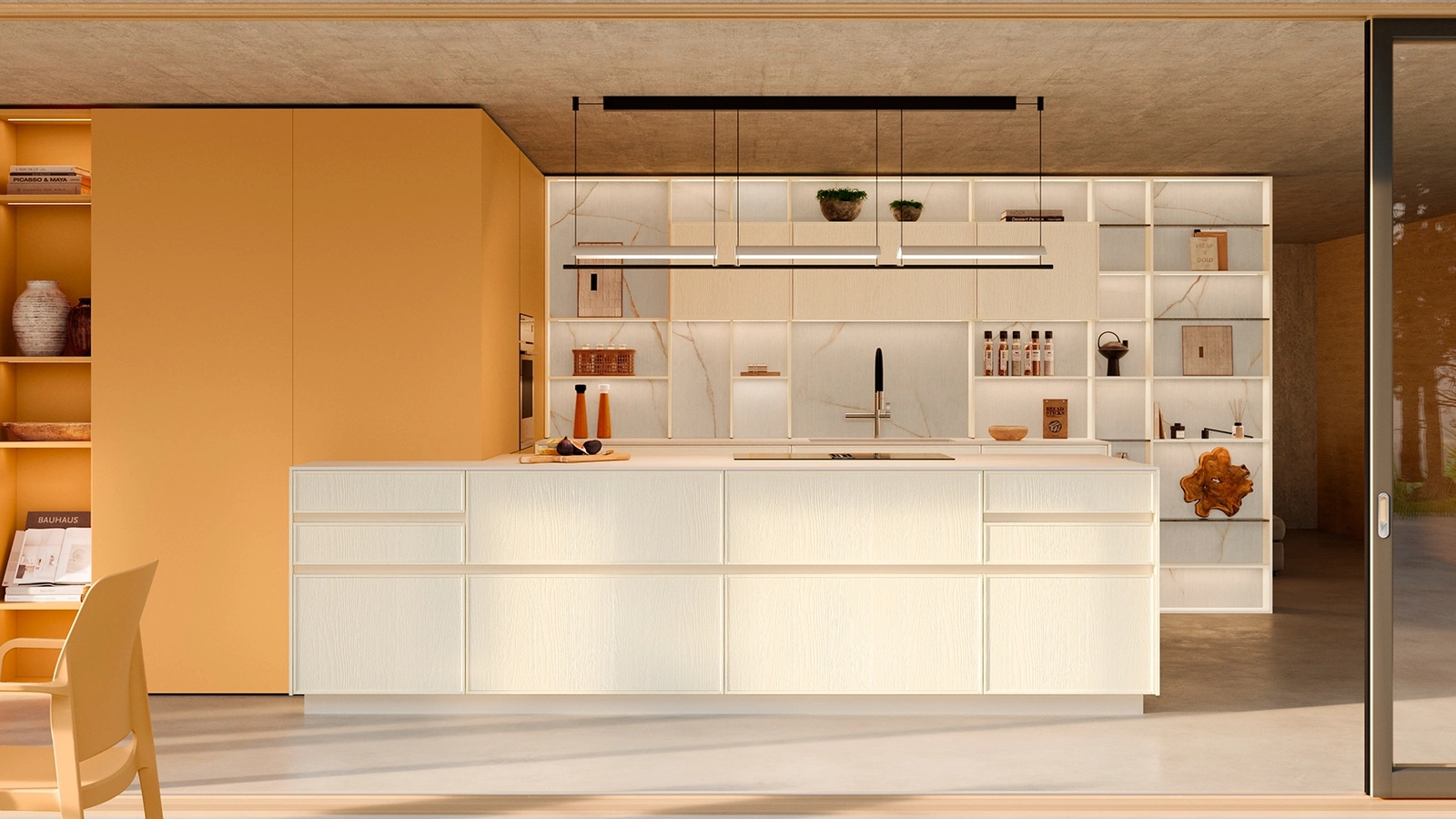 Cucina Moderna con penisola Sakura 11 in Frassino laccato Bianco e laccato opaco Pesca di Veneta Cucine