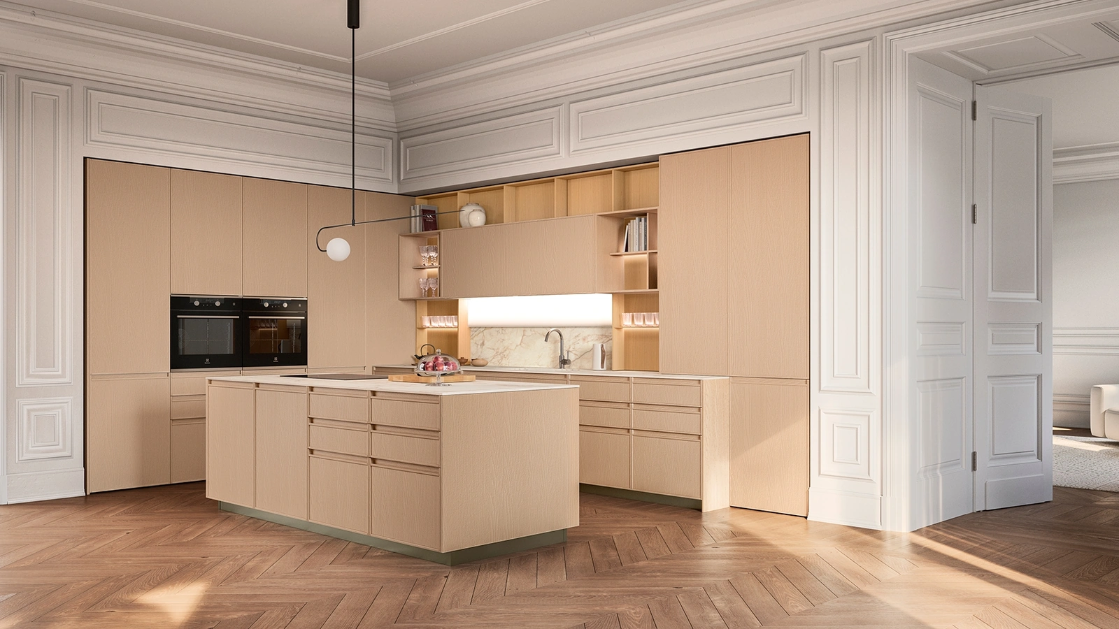 Cucina Moderna con isola Sakura 14 in Frassino laccato Nude di Veneta Cucine