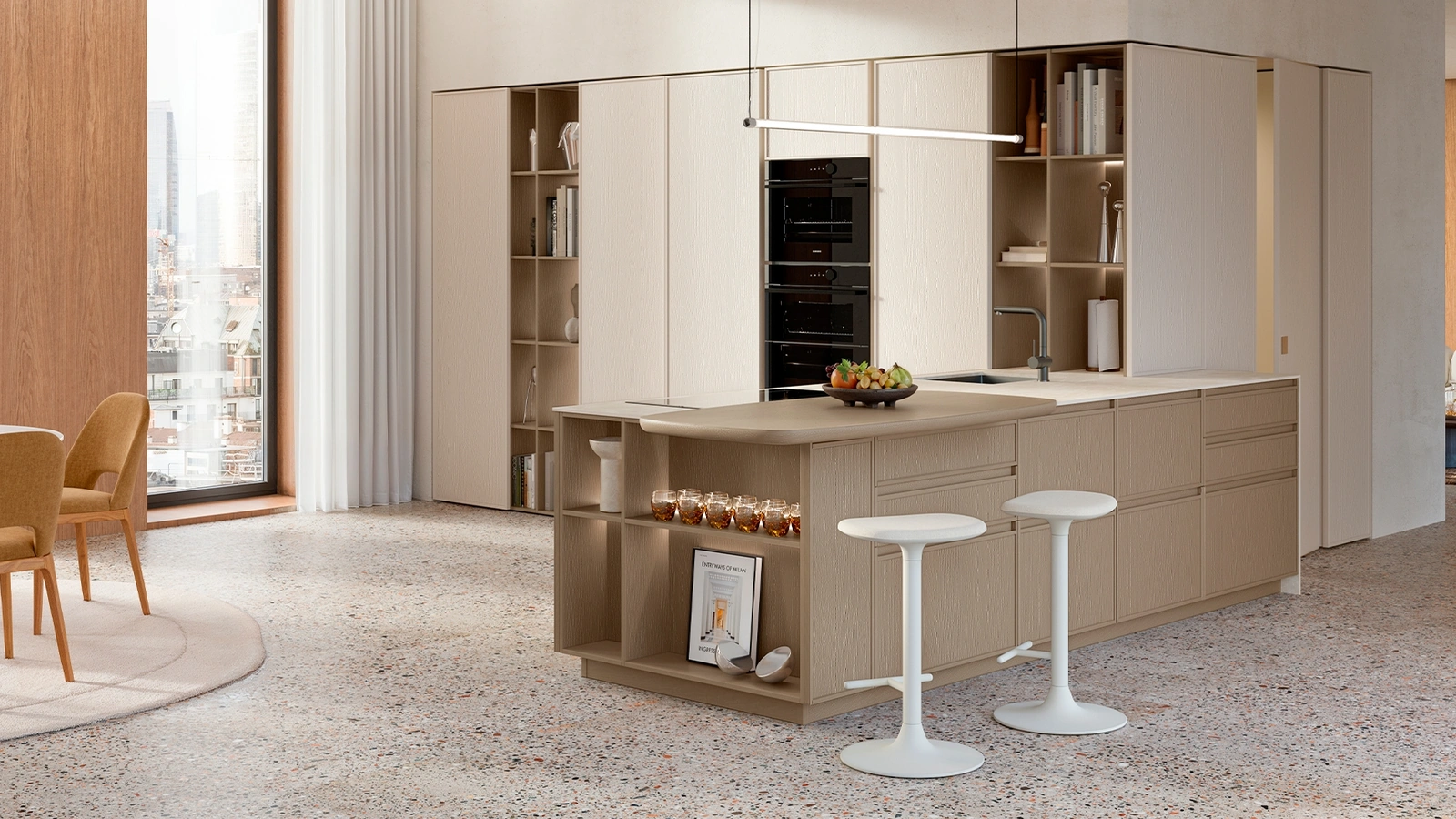 Cucina Moderna con penisola Sakura 19 in Frassino laccato Marrone e Crema di Veneta Cucine