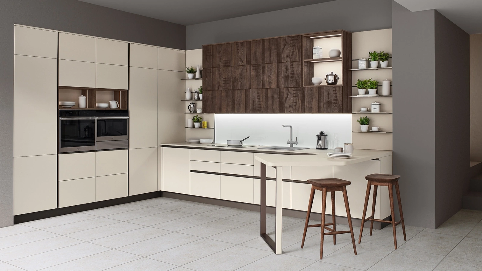 Cucina Moderna angolare con penisola Start-Time J 05 di Veneta Cucine