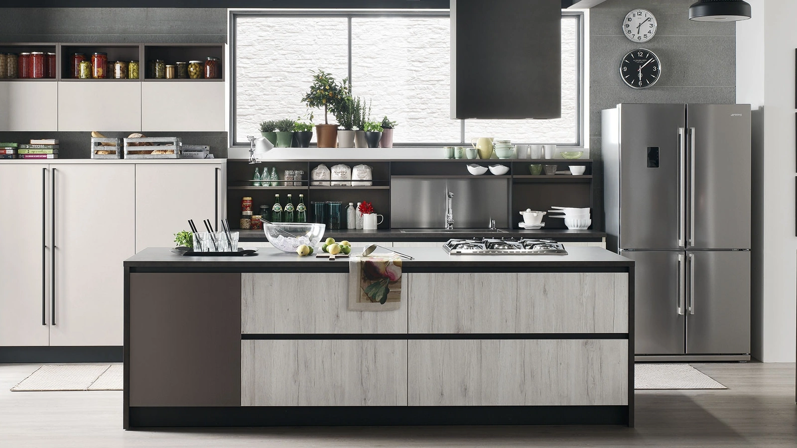 Cucina Moderna Start-Time J 10 con isola in Play Rovere chiaro, Smart Antracite e Colorboard Graffiato chiaro di Veneta Cucine