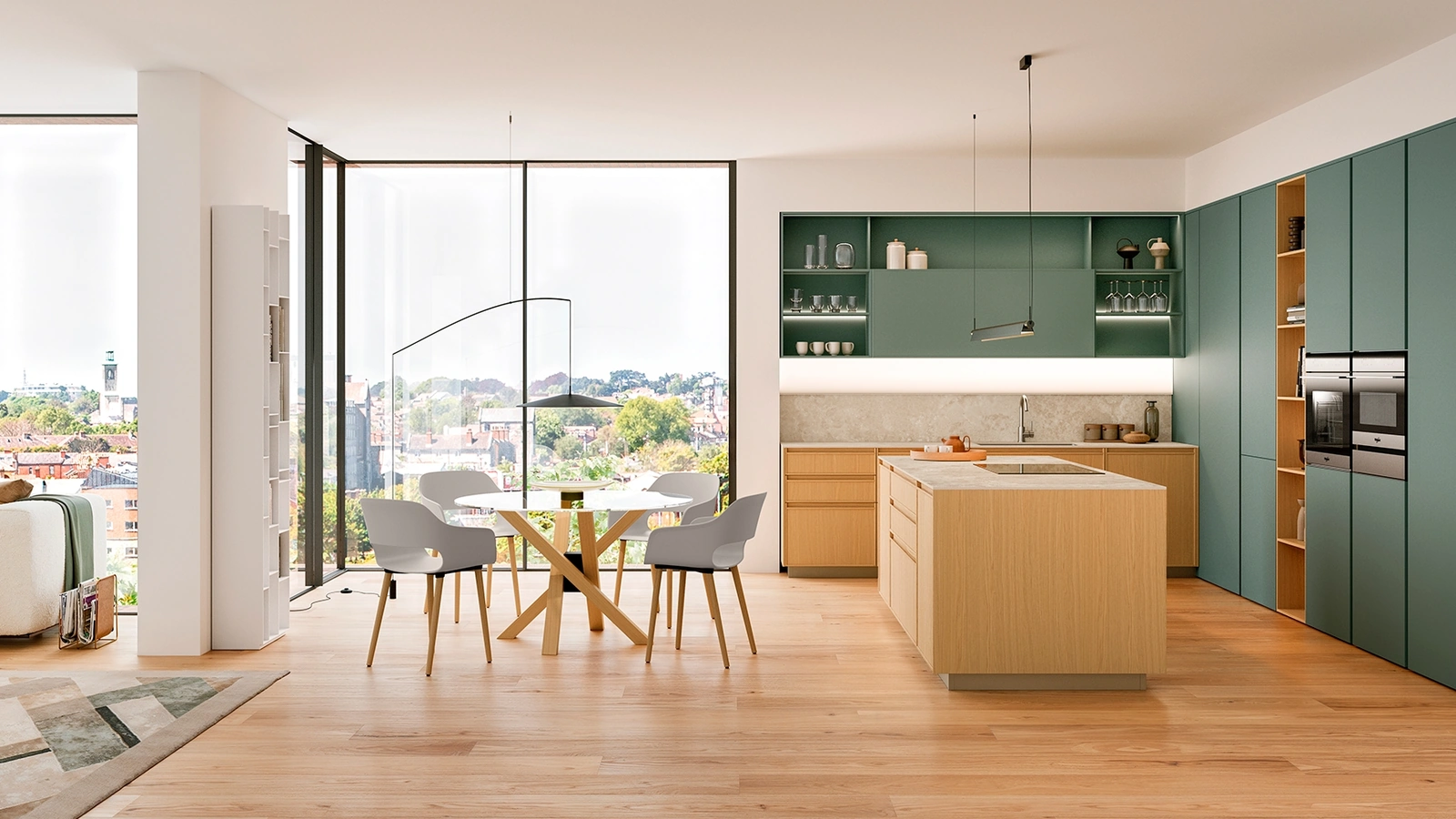 Cucina Moderna con isola Sakura 03 in Rovere Ikebana e laccato Verde Minerva di Veneta Cucine