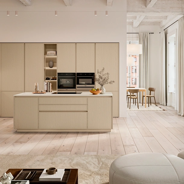 Cucina Moderna con isola Sakura 04 in Frassino laccato Beige di Veneta Cucine
