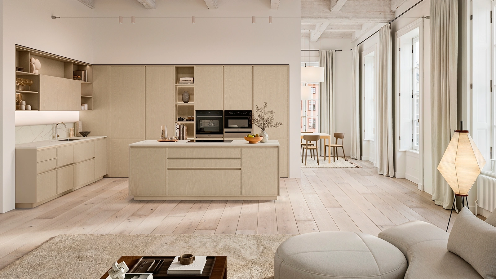 Cucina Moderna con isola Sakura 04 in Frassino laccato Beige di Veneta Cucine